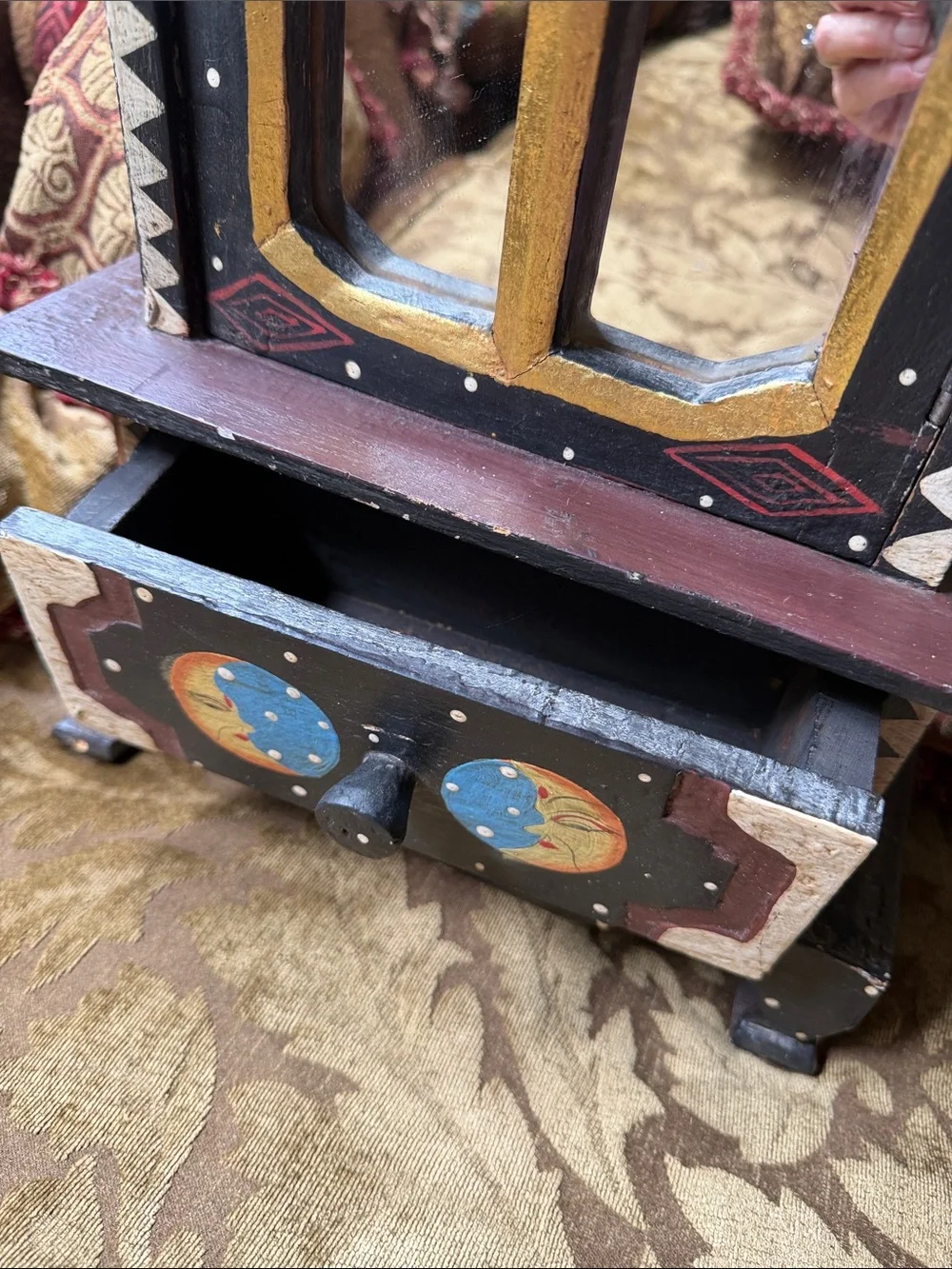 Hand-Painted Bohemian Vintage Wooden Jewelry Cabinet with Sun & Moon